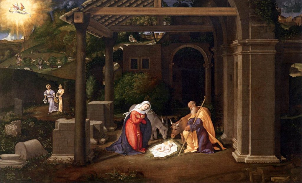 La Nativité peinte par Andrea Previtali, la Vierge agenouillée en adoration devant l Enfant