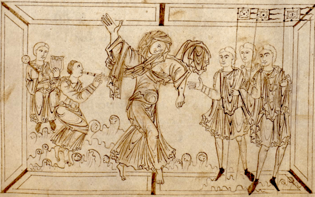 Manuscrit médiéval de la Psychomachia de Prudence illustrant le combat des vertus et des vices