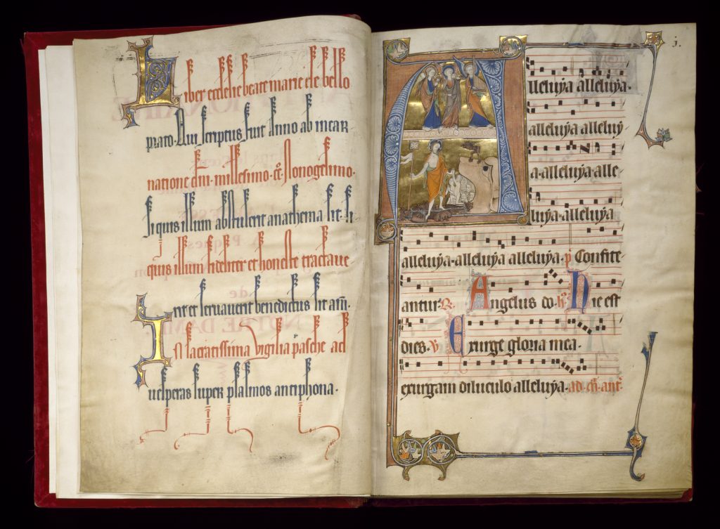 Feuillet enluminé d’un antiphonaire flamand médiéval avec notation musicale et initiale ornée