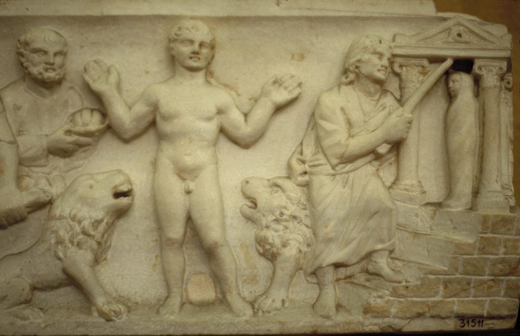 Daniel dans la fosse aux lions, relief de sarcophage paléochrétien